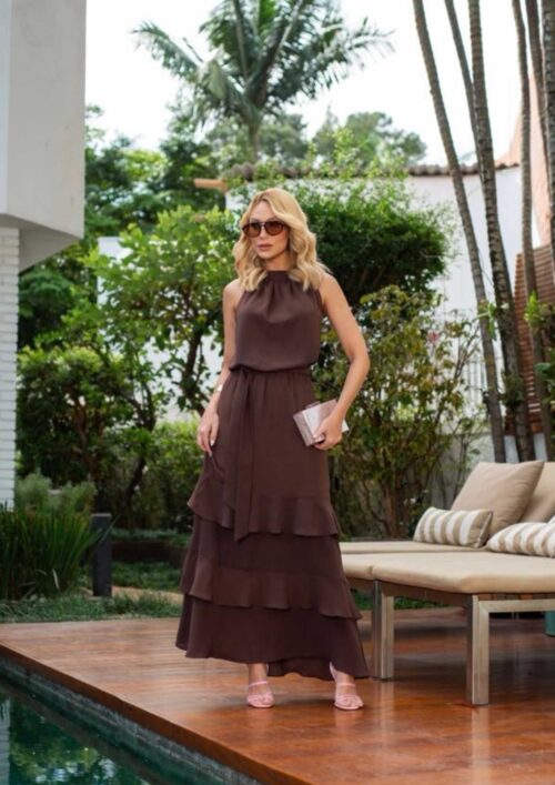 VESTIDO LONGO DE CREPE C/BABADO