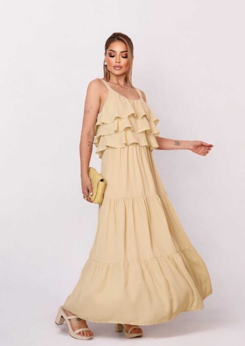VESTIDO LONGO DE CREPE C/CAMADA